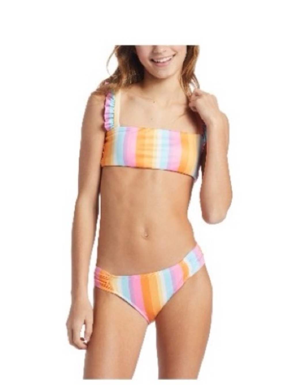 Billabong girls reversible Stripe Ruffle Bikini Pink Orange Yellow, Aqua 10